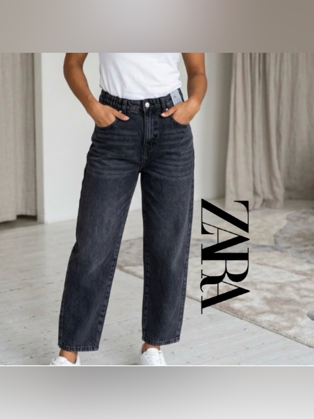 ♥️ Zara High-Waist Straight Leg Jeans in Washed Black Size 13-14 Years